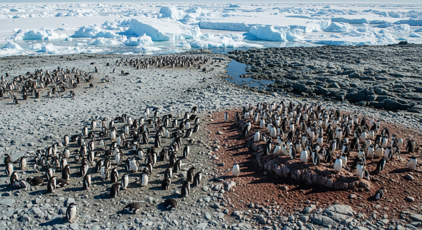 A penguin vanishes while other Antarctic birds explode